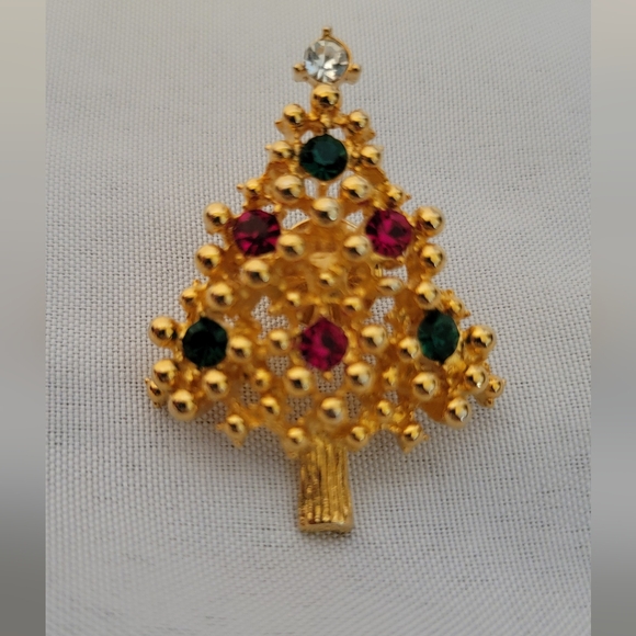 Vintage Womens Goldtone Christmas Brooch/Pin w/Red & Green Rhinestones - Picture 4 of 6